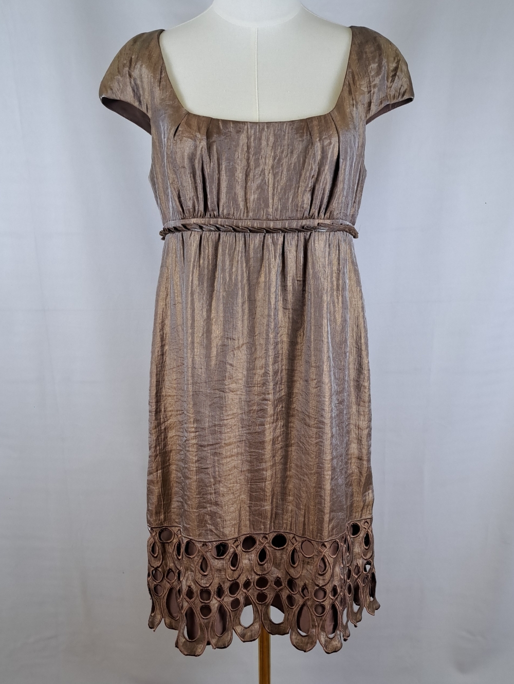 Adrianna Papell Shimmer Brown Babydoll Empire Waist Eyelet Midi Dress Y2K Size 8